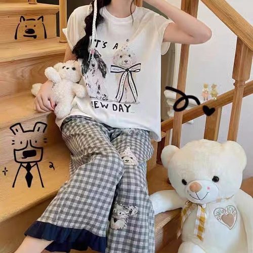 卡通狗狗格子花边春季短袖长裤女