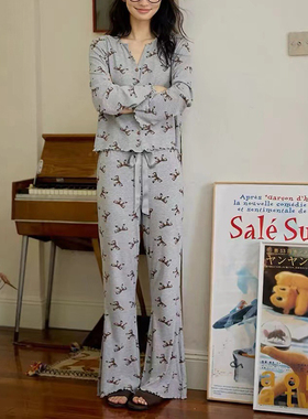 蝴蝶结满印V领长袖春秋长裤女士薄款睡衣家居服螺纹坑条棉女套装