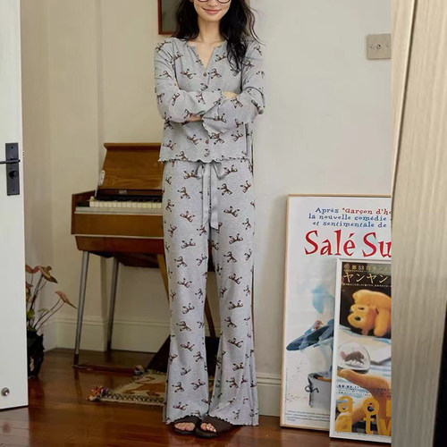 蝴蝶结满印V领长袖春秋长裤