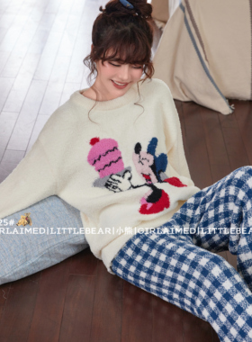 米奇格子卡通秋冬季加绒睡衣长袖日系女士软绵绵半边绒套装家居服