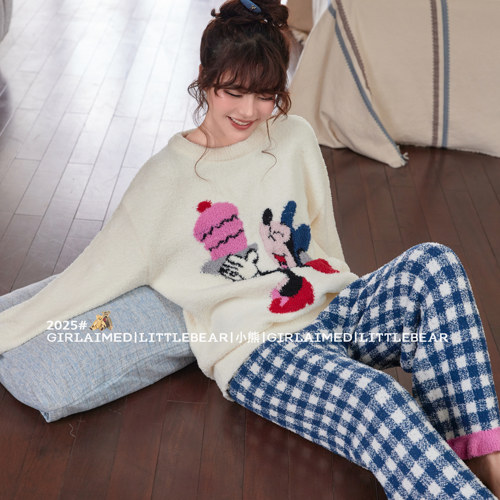 米奇格子卡通秋冬季加绒睡衣长袖