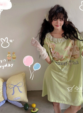 卡通蕾丝花边宽松韩版女士睡裙短袖纯棉少女睡衣可外穿夏季家居服