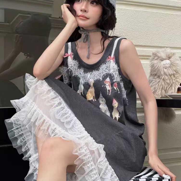 卡通狗狗无袖背心夏季睡裙蕾丝甜美女花边日系睡衣纯棉薄款家居服