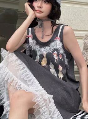 卡通狗狗无袖背心夏季睡裙蕾丝甜美女花边日系睡衣纯棉薄款家居服