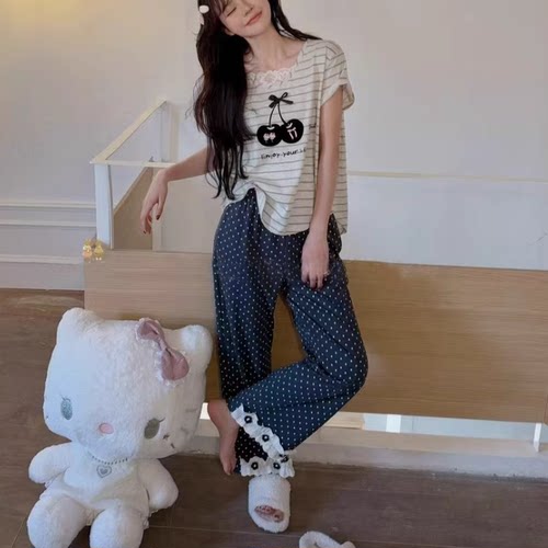 春夏季卡通樱桃花边日系可爱睡衣