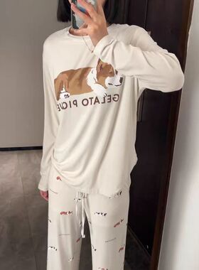 柯基狗狗卡通莫代尔柔软秋季长袖长裤薄款女士套装家居服