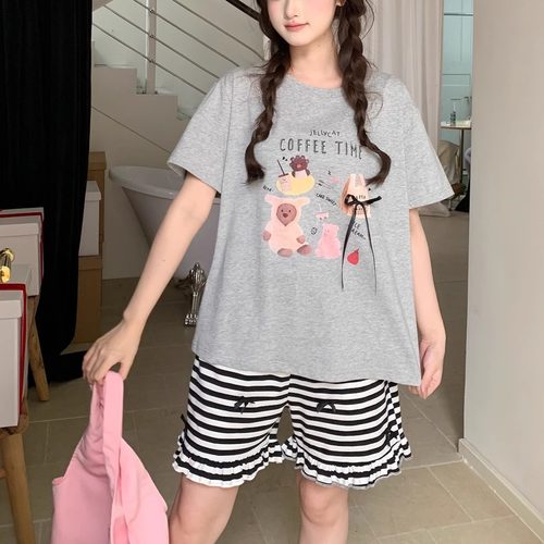 卡通甜美可爱短袖短裤条纹花边女