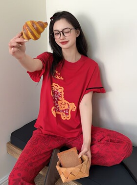 新年红色春夏季新款卡通短袖长裤纯棉薄款女士睡衣喜庆家居服套装