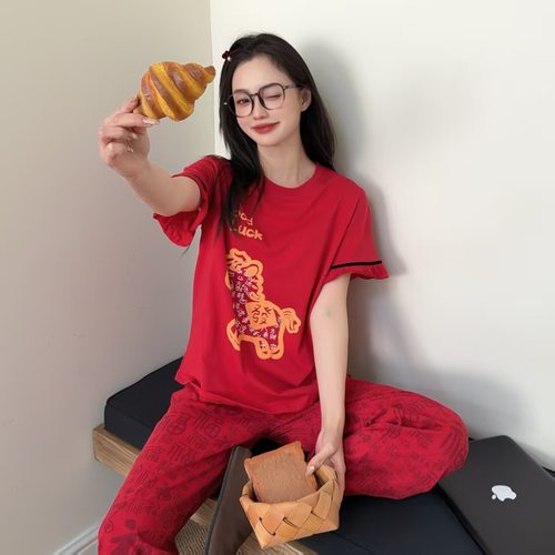 新年红色春季新款卡通短袖长裤女