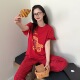 女士睡衣喜庆家居服套装 新年红色春夏季 长裤 纯棉薄款 新款 卡通短袖