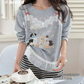 狗狗乐园蕾丝花边可爱卡通长袖 睡衣家居服女 女士日系套装 长裤 新款