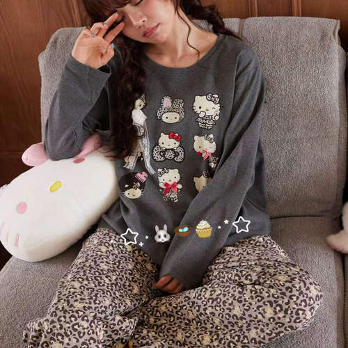 kitty猫豹纹卡通长袖秋季纯棉女