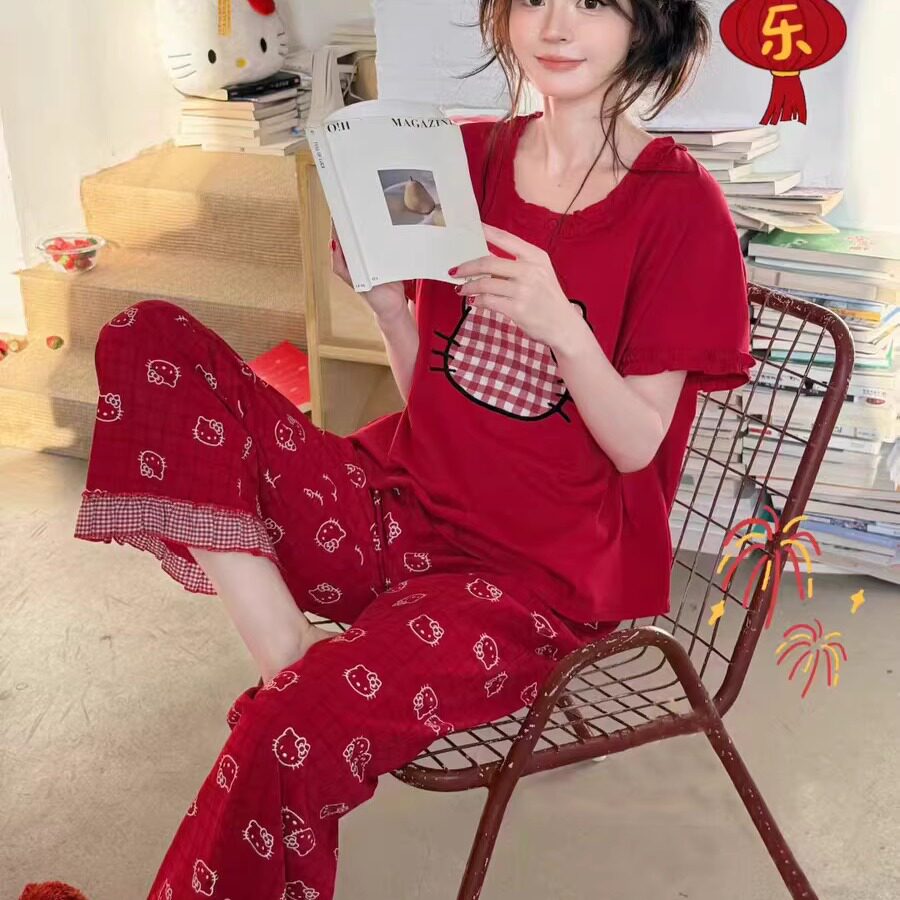 卡通小猫花边格子短袖纯棉薄款春季睡衣女士可爱甜美女套装家居服