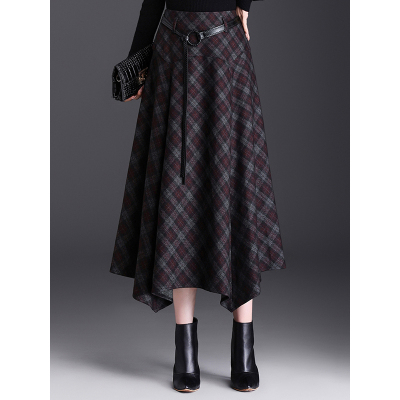 不规则格子毛呢半身裙女