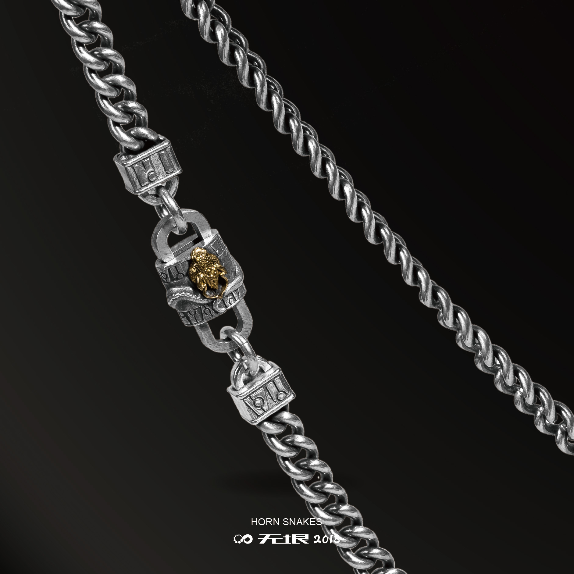 无垠925银18K原创复古蛇头扣吊坠