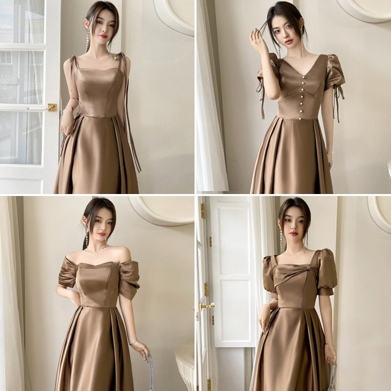 缎面伴娘服2026新款冬季长款小众高级感姐妹团年会宴会晚礼服裙女