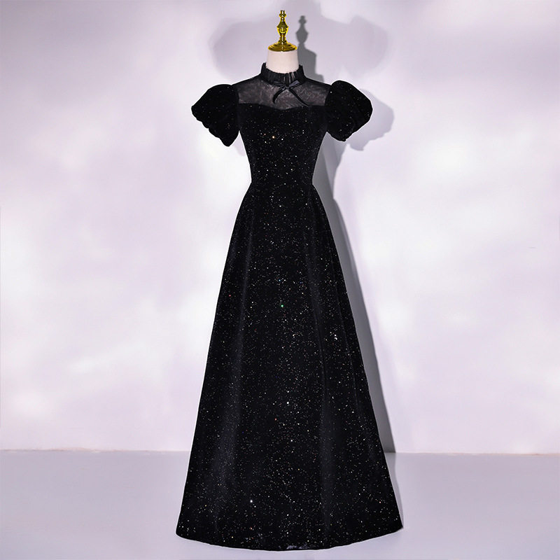 黑色丝绒泡泡袖晚礼服长裙显瘦优雅修身主持人合唱团礼服高级质感