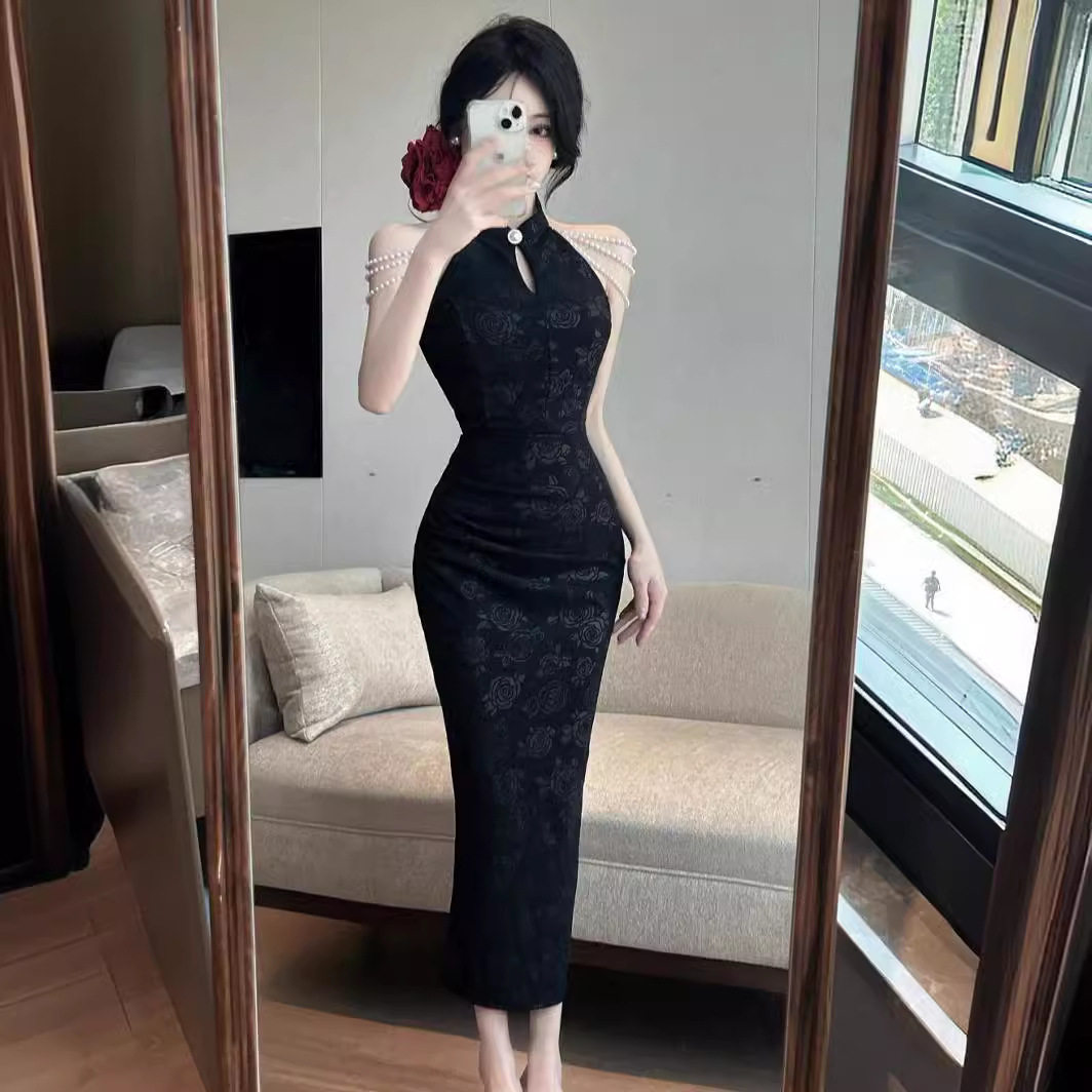 名媛中国风改良旗袍精致开叉礼服连衣裙亮闪闪外贸修身包臀长裙子