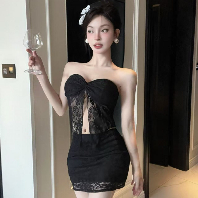 两件套时尚套装裙子性感蕾丝时尚抹胸短裙辣妹纯欲风不规则连衣裙
