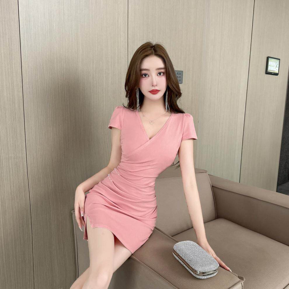 性感女装短裙工作服上班夜 场修身显瘦包臀裙子短袖低胸v领连衣裙