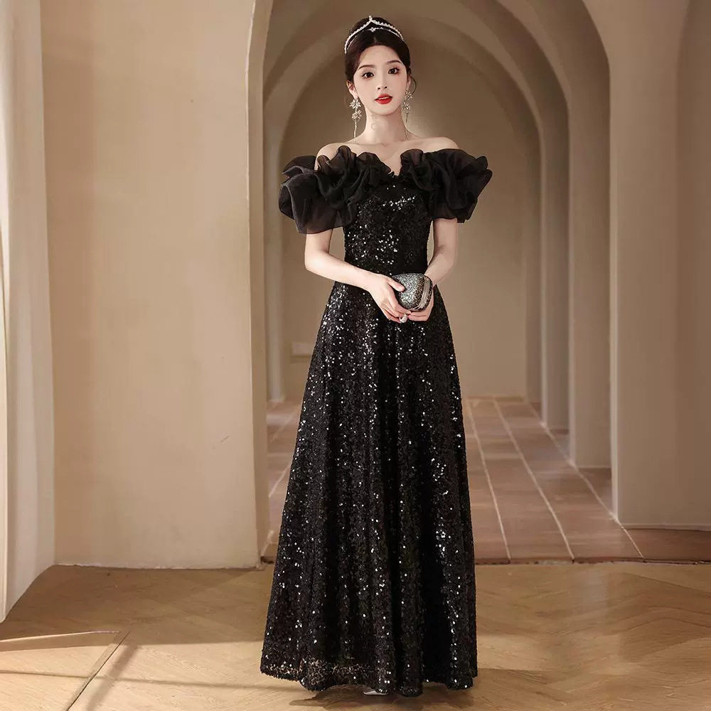 黑色一字肩晚礼服女高级感轻奢小众高端成人礼宴会气质主持人春季