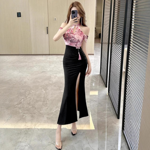 新中式 旗袍式 改良连衣裙性感印花高开叉夜场技师包臀衣服 时尚 新款