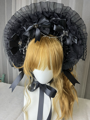 黑色Lolita波奈特发带精致蕾丝蝴蝶结与链条装饰bnt洛丽塔昭和