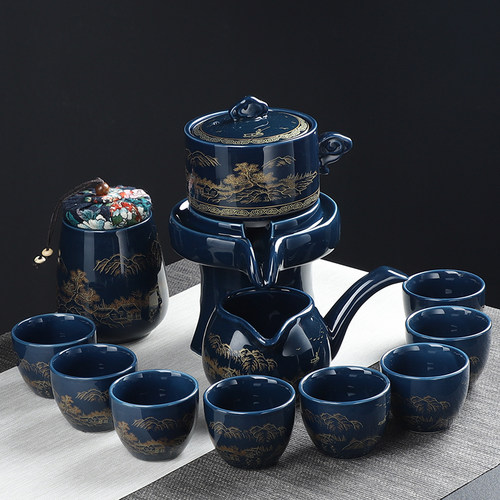 霁蓝自动懒人茶具套装家用泡茶壶时来运转小套功夫茶杯办公室会客