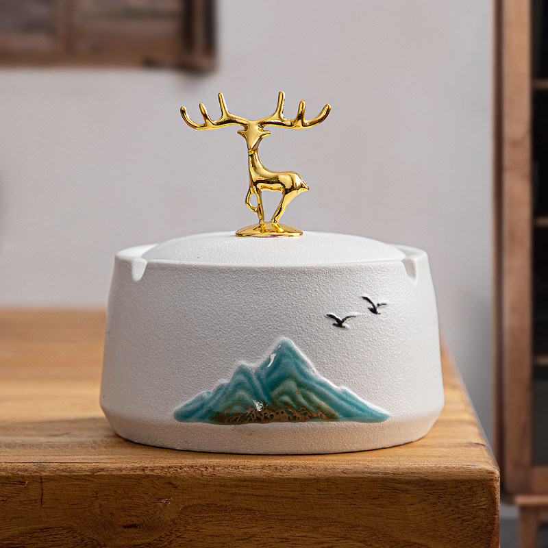 陶瓷烟灰缸烟缸家用办公大容量带盖防飞灰车载装饰玄关桌面摆件