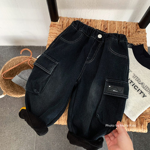 木野儿童冬季加绒牛仔裤湖州织里童装男童韩版百搭加厚工装休闲裤