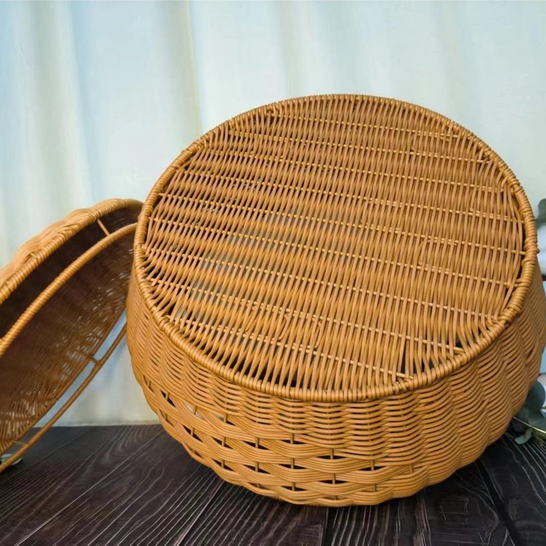 LX047 모조 등나무 수제 가정용 식료품 쇼핑 순수 수제 라운드 복고풍 짠 바구니 보관 바구니 42*34.5*19|41