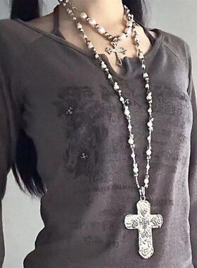 Beaded Cross Pendant Collarbone Necklace Dark Gothic Jewelry