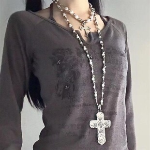 Beaded Cross Pendant Collarbone Necklace Dark Gothic Jewelry