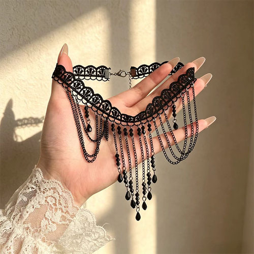 Beaded Cross Pendant Collarbone Necklace Dark Gothic Jewelry