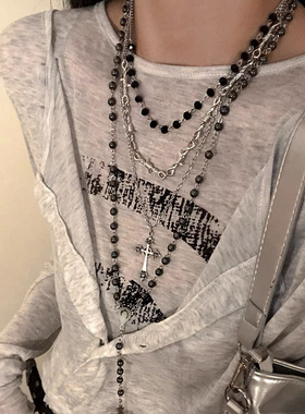 Beaded Cross Pendant Collarbone Necklace Dark Gothic Jewelry