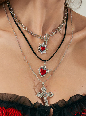 Beaded Cross Pendant Collarbone Necklace Dark Gothic Jewelry