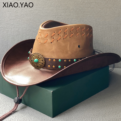 大檐皮革西部牛仔帽子男女士遮阳