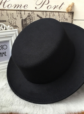 英伦黑色毛呢帽男士时尚韩版潮休闲百搭舞台帽子男演出平顶礼帽女