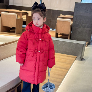 女童90白鸭绒三防羽绒服冬装新款洋气儿童连帽保暖外套新年战袍