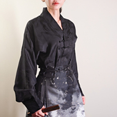 汉服上衣马面裙搭配衬衫 黑色衬衣宽松新中式 盘扣国风秋款 新款 女装