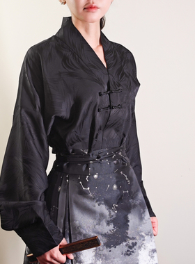 新款汉服上衣马面裙搭配衬衫黑色衬衣宽松新中式盘扣国风秋款女装