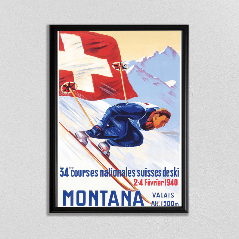 滑雪艺术插画复古怀旧欧美海报装饰画有框挂画墙壁体育冰场