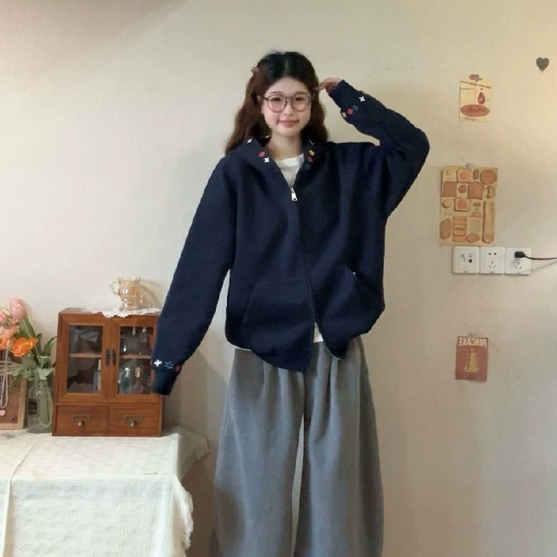 韩版刺绣连帽开衫卫衣男女款早秋新款chic上衣慵懒松弛感夹克外套
