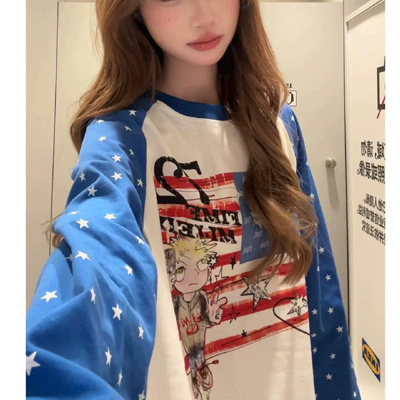 国潮牌拼接星星字母纯棉长袖t恤女春秋宽松显瘦设计感原宿风上衣