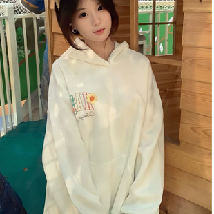 美式高街立体小花刺绣连帽卫衣男女新款小众oversize情侣外套潮