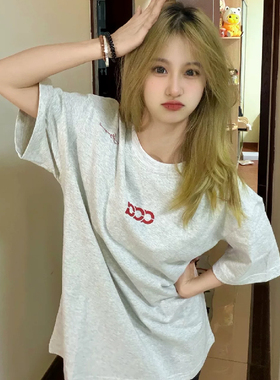 美式重磅白灰色字母刺绣短袖t恤女夏季2026新款宽松纯棉圆领上衣