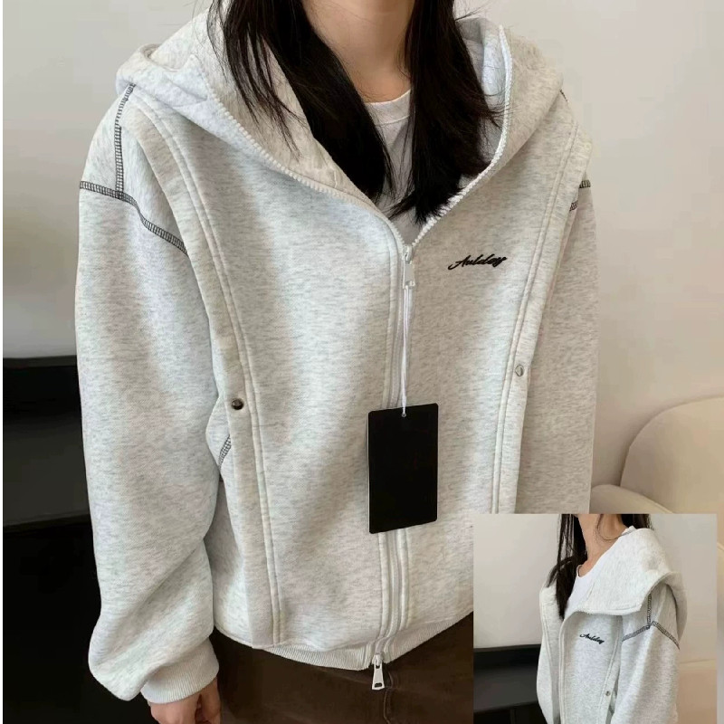 美式高街字母刺绣连帽卫衣女秋季宽松韩系慵懒风灰色纽扣开衫外套