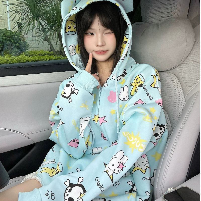 美式复古连帽卫衣女春秋薄款慵懒风宽松港风学生外套拉链上衣服潮