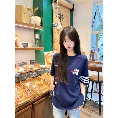 美式高街三条杠刺绣短袖女学生T