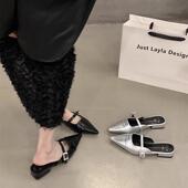 粗跟包头半拖鞋 一脚蹬尖头玛丽珍银色单鞋 外穿女鞋 2025年春夏新款